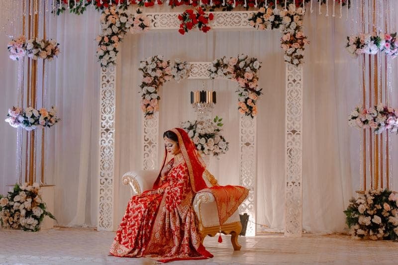 Bride standing in a decorated wedding venue