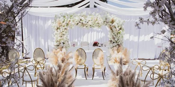 Outdoor wedding setup with a white floral arch, draped fabric canopy, gold chairs and pampas grass arrangements